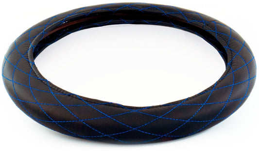 18" DIAMOND CUSHION STEERING WHEEL COVER BLACK W/ BLUE STITCHING