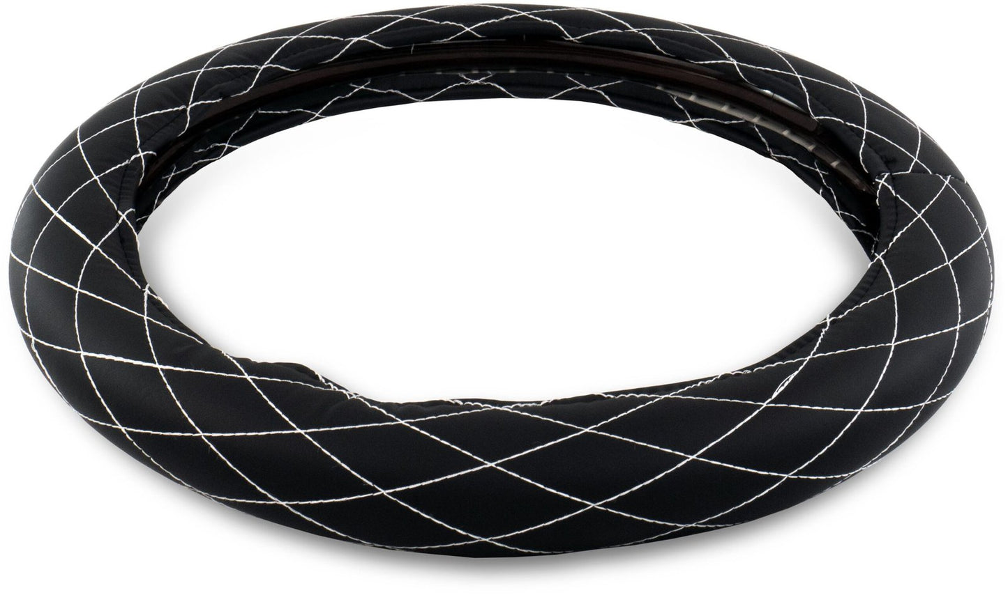 18" DIAMOND CUSHION STEERING WHEEL COVER BLACK W/ WHITE STITCHING