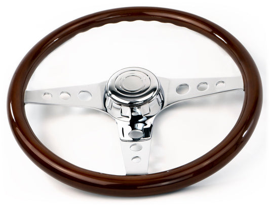 18'' WOOD STEERING WHEEL WITH CHROME CLASSIC STYLE 3 SPOKE