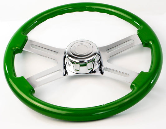 18'' GREEN WOOD STEERING WHEEL WITH 4 CHROME SPOKES