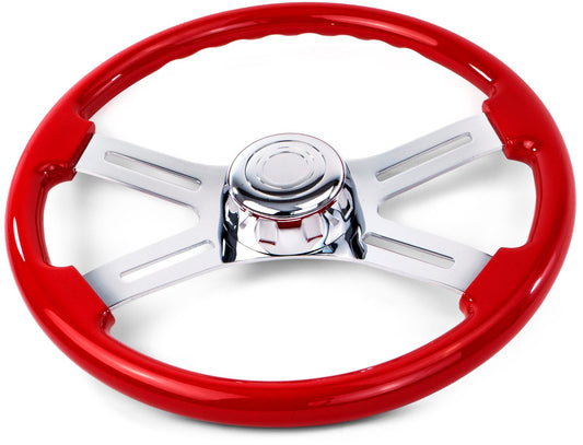 18'' RED WOOD STEERING WHEEL WITH 4 CHROME SPOKES