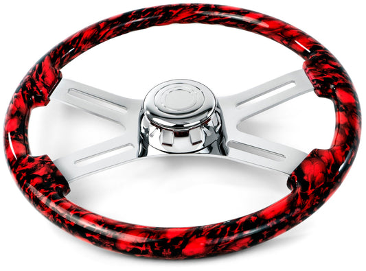 18'' SKULL DESIGN RED WOOD STEERING WHEEL WITH 4 CHROME SPOKES