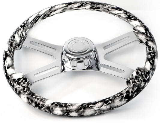 18'' SKULL DESIGN WHITE WOOD STEERING WHEEL WITH 4 CHROME SPOKES