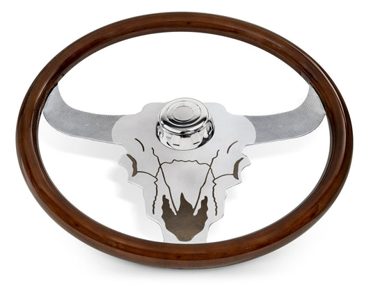 18'' WOOD STEERING WHEEL WITH CHROME BUFFALO DESIGN