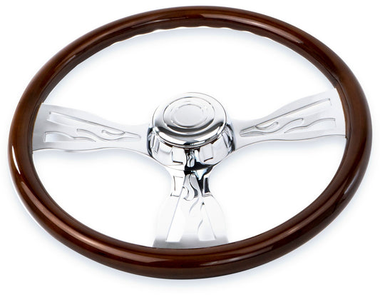 18'' WOOD STEERING WHEEL WITH CHROME FLAME DESIGN SPOKES