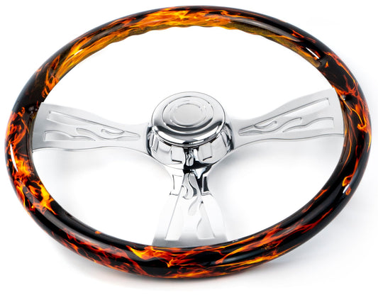 18" FIRE DESIGN WOOD STEERING WHEELWITH 3 CHROME FLAME SPOKES