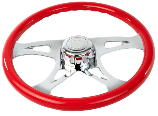 18'' RED WOOD STEERING WHEEL WITH CHROME VIBRANT DESIGN SPOKES