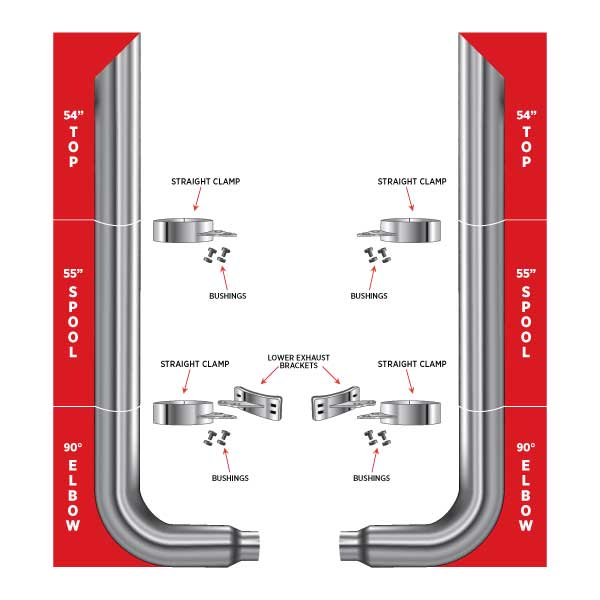 TRUX 54" Mitered Top Stacks, 55" Spools, 90° 6"-5" Elbows, Clamps, Lower Brackets & Bushings