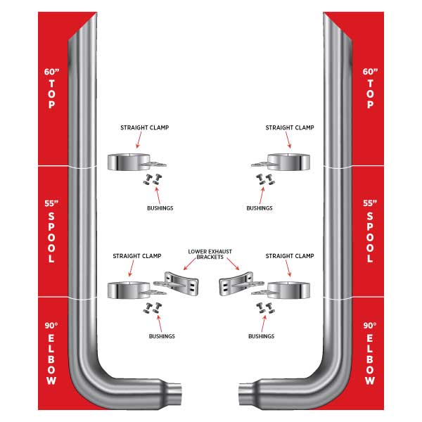 TRUX 60" Mitered Top Stacks, 55" Spools, 90° 6"-5" Elbows, Clamps, Lower Brackets & Bushings