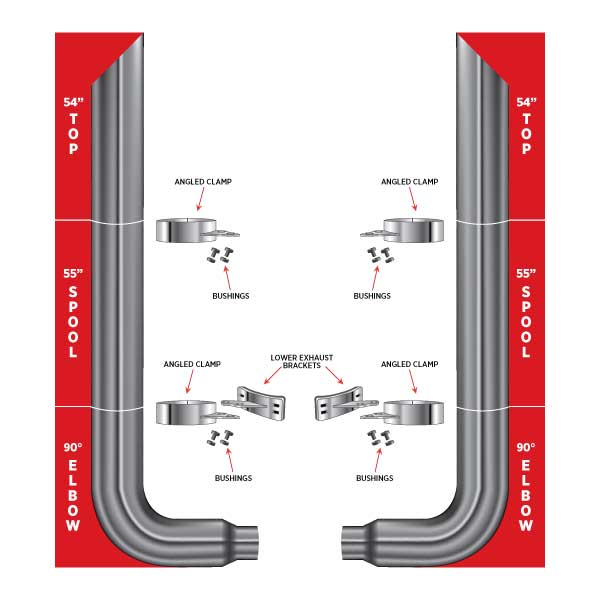 TRUX 54" Mitered Top Stacks, 55" Spools, 90° 7"-5" Elbows, Clamps, Lower Brackets & Bushings