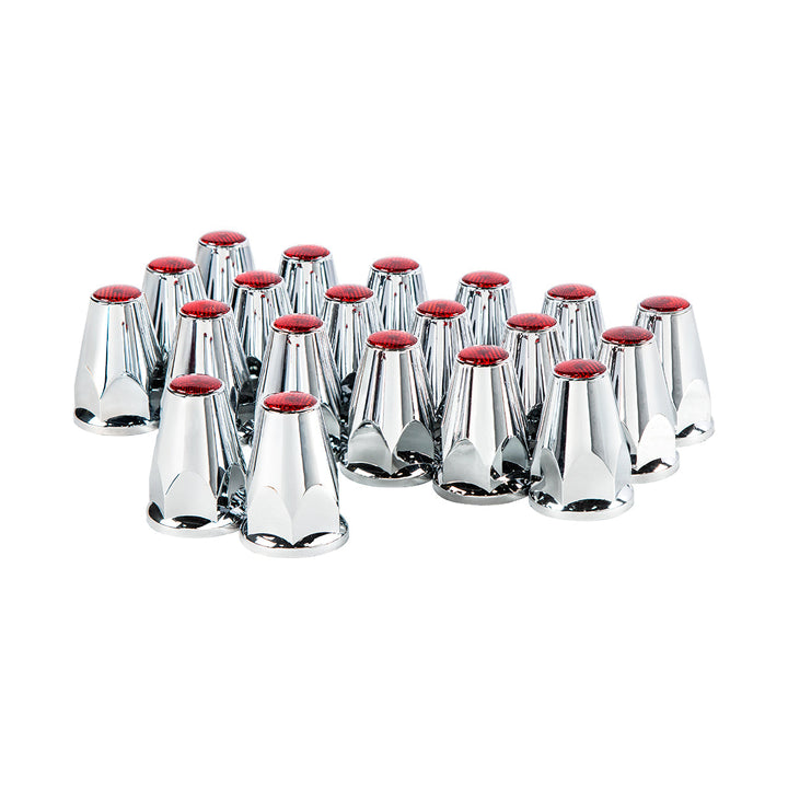 33mm X 2-3/4" Chrome Plastic Nut Covers With Flange - Push-On - Red Reflector (20-Pack)