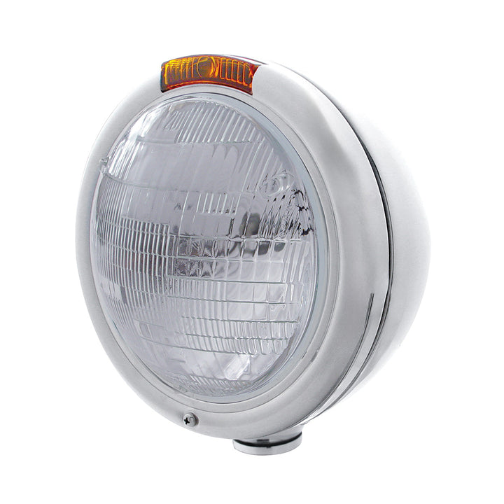 Stainless Steel Classic Headlight 6014 Bulb &amp; Turn Signal - Amber Lens