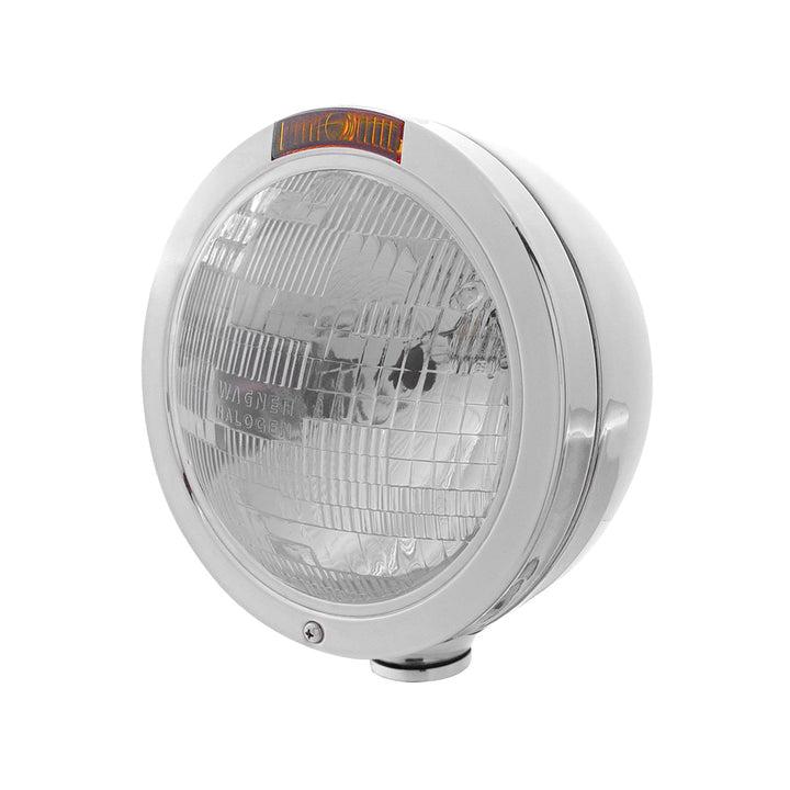 Stainless Steel Bullet Classic Headlight H6024 Bulb &amp; Turn Signal - Amber Lens