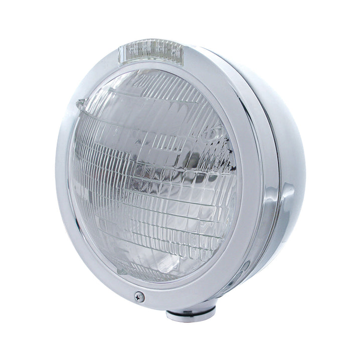 Stainless Steel Bullet Classic Headlight 6014 Bulb &amp; LED Turn Signal - Clear Lens