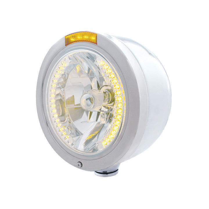Stainless Steel Bullet Half Moon Headlight H4 With Amber LED &amp; Signal - Amber Lens