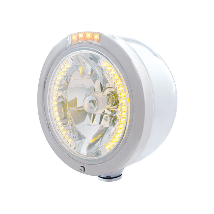 Stainless Steel Bullet Half Moon Headlight H4 With Amber LED &amp; Signal - Clear Lens