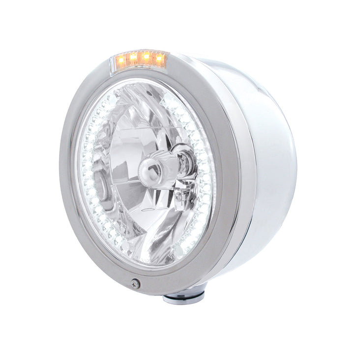 Stainless Steel Bullet Half Moon Headlight H4 With White LED &amp; Signal - Clear Lens