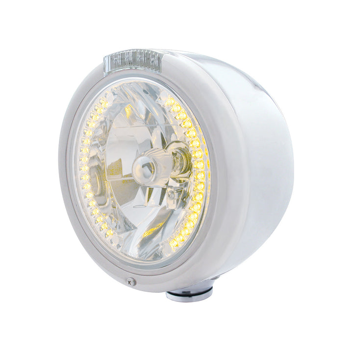 Stainless Steel Classic Half Moon Headlight H4 With Amber LED &amp; Dual Mode LED Signal - Clear Lens
