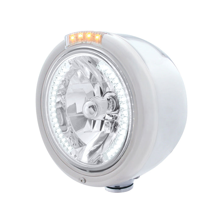 Stainless Steel Classic Half Moon Headlight H4 With White LED &amp; Dual Mode LED Signal - Clear Lens