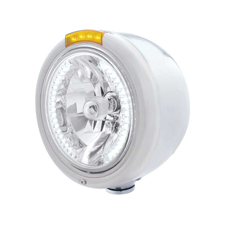Stainless Steel Classic Half Moon Headlight H4 With White LED &amp; Signal - Amber Lens