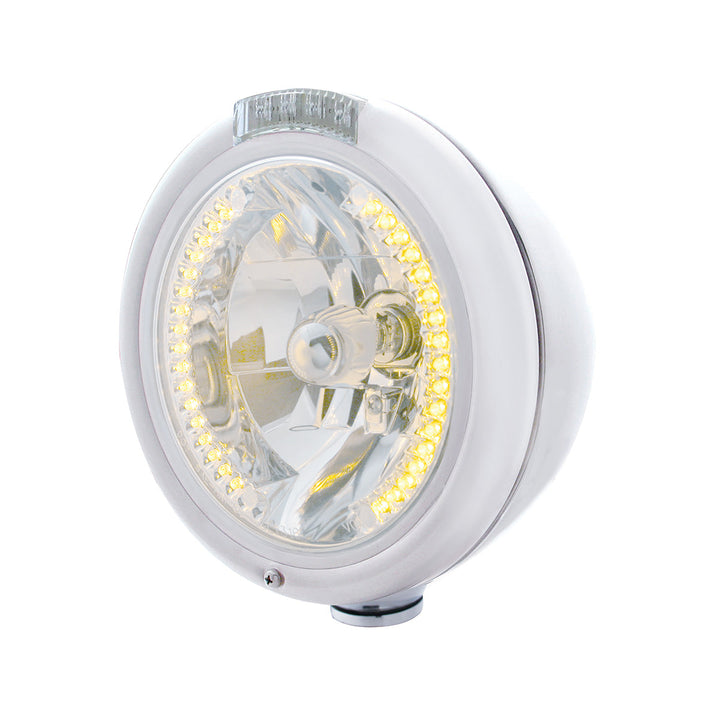 Chrome Classic Headlight H4 With 34 Amber LED &amp; Dual Mode LED Signal - Clear Lens