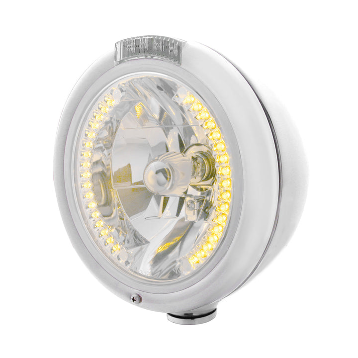 Chrome Classic Headlight H4 With 34 Amber LED &amp; LED Signal - Clear Lens