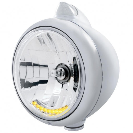 Stainless Steel Guide 682-C Headlight H4 With 10 Amber LED &amp; Original Style LED Signal - Clear Lens