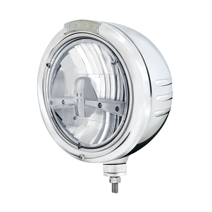 Stainless Steel Classic Embossed Stripe Headlight 5 LED Bulb &amp; Dual Mode LED Signal - Clear Lens