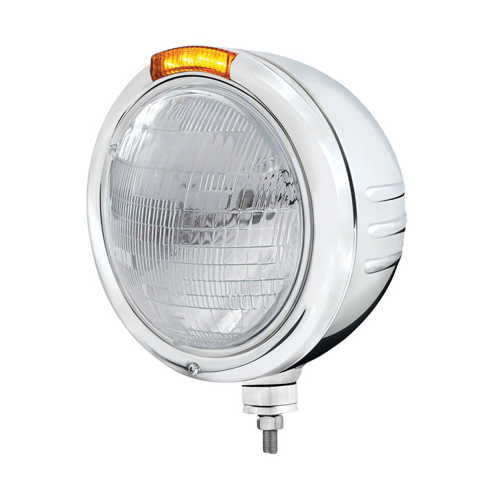 Stainless Steel Classic Embossed Stripe Headlight 6014 &amp; Dual Mode LED Signal - Amber Lens