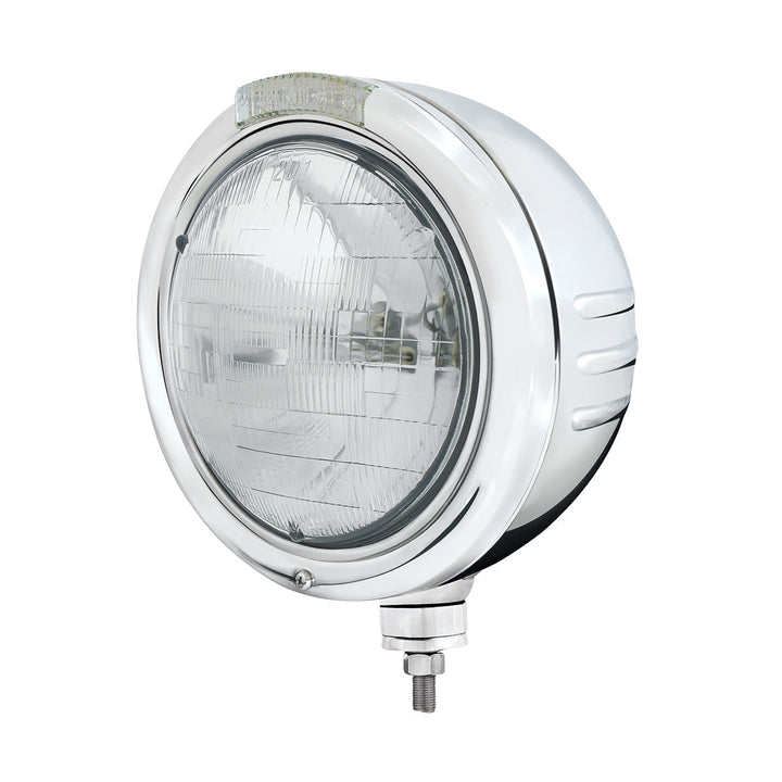 Stainless Steel Classic Embossed Stripe Headlight H6024 &amp; Dual Mode LED Signal - Clear Lens