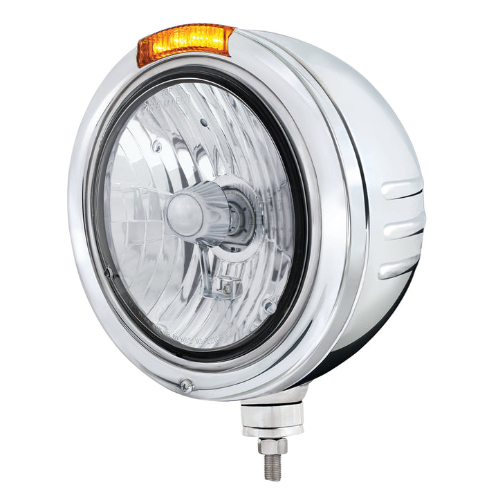 Stainless Steel Bullet Embossed Stripe Headlight Crystal H4 &amp; Dual Mode LED Signal - Amber Lens
