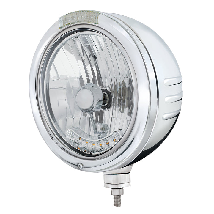 Stainless Steel Bullet Embossed Stripe Headlight Housing &amp; H4 With 6 Amber LEDs &amp; Dual Mode LED Signal - Clear Lens