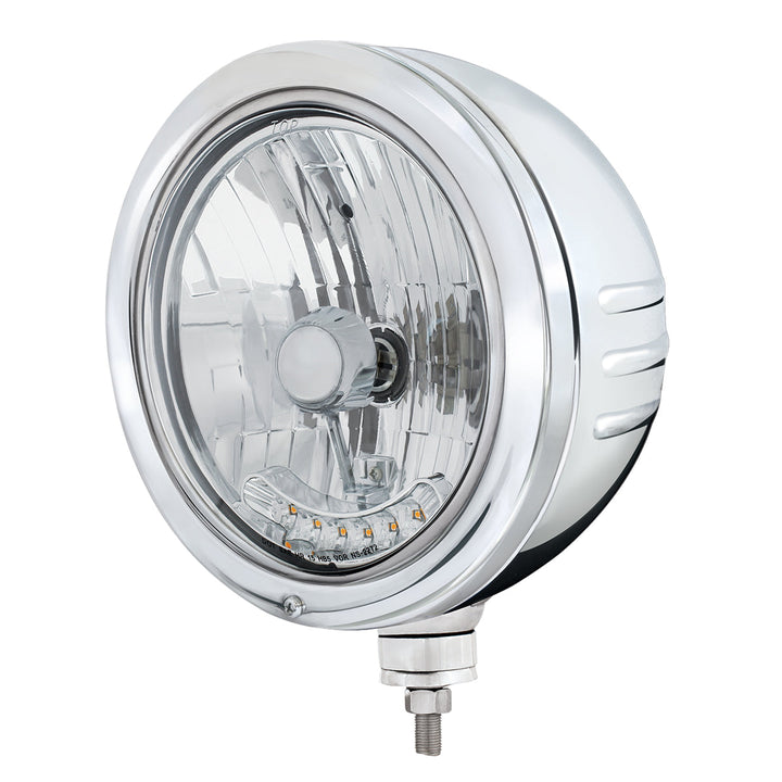 Stainless Bullet Embossed Stripe Headlight Housing With 6 Amber LED Crystal Halogen Headlight