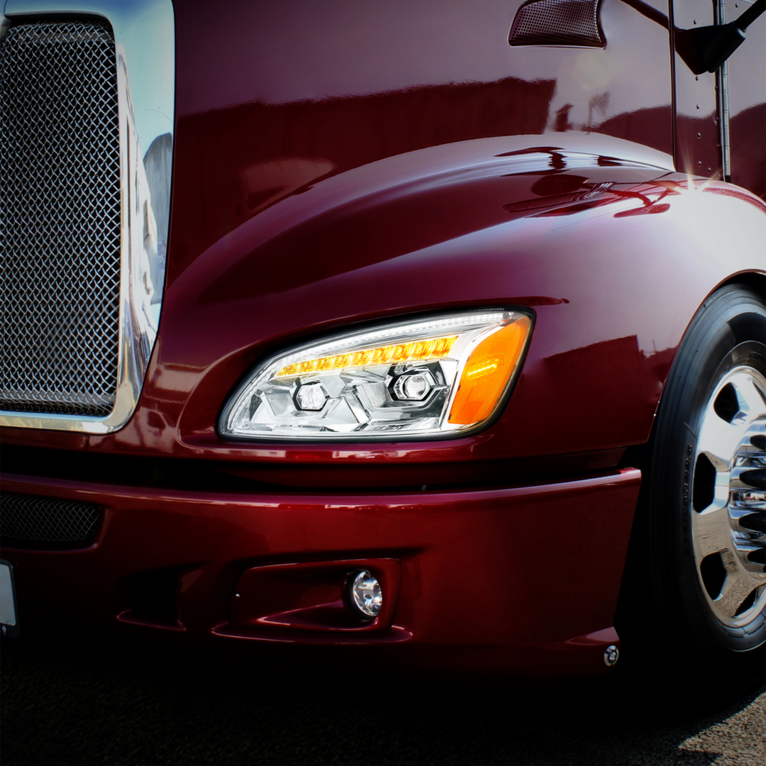 LED Projection Headlight With Sequential Turn Signal For 2008-2017 Kenworth T660 — Driver / Chrome