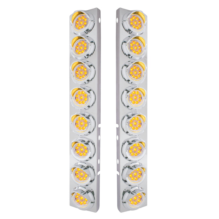 Stainless Steel Front Air Cleaner Bracket With 16 x 9 LED 2" Reflector Lights &amp; Visors For Peterbilt - Amber LED/Clear Lens