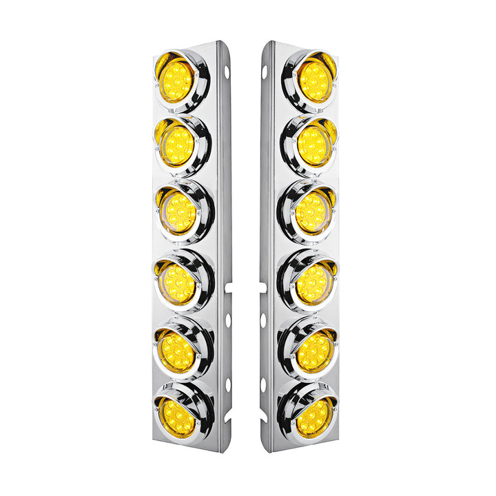 Stainless Steel Front Air Cleaner Bracket With 12 x 9 LED 2" Reflector Lights &amp; Visors For Peterbilt - Amber LED &amp; Lens