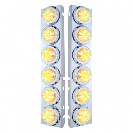 Stainless Steel Front Air Cleaner Bracket With 12 x 9 LED 2" Beehive Lights &amp; Bezels For Peterbilt - Amber LED/Clear Lens