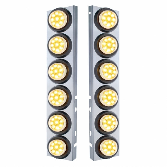 Stainless Steel Front Air Cleaner Bracket With 12 x 9 LED 2" Reflector Lights For Peterbilt - Amber LED/Clear Lens