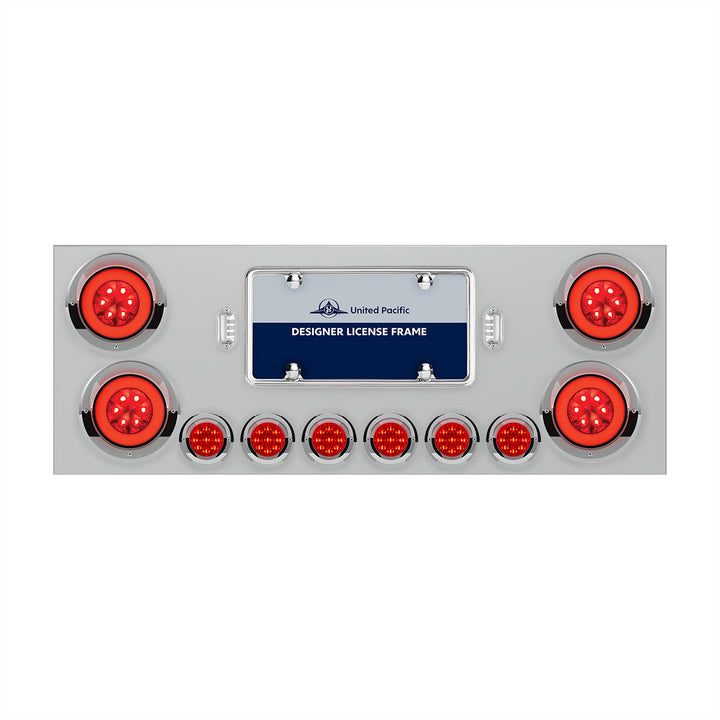 Stainless Steel Rear Center Panel With 4 x 21 LED 4" GloLight &amp; 6 x 9 LED 2" Lights &amp; Visors - Red LED &amp; Lens