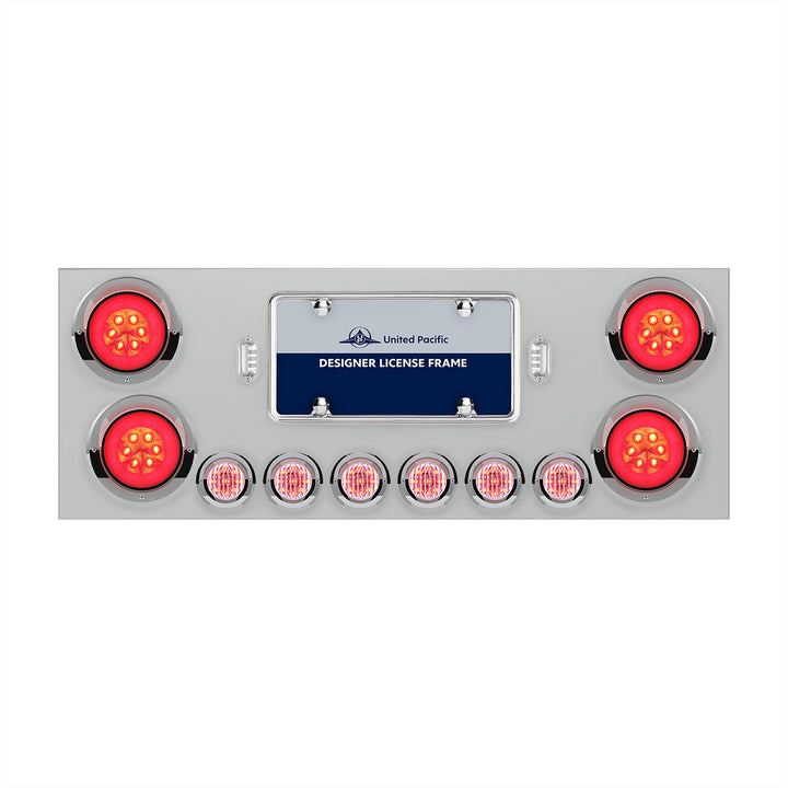Stainless Steel Rear Center Panel With 4 x 21 LED 4" GloLight &amp; 6 x 9 LED 2" Lights &amp; Visors - Red LED/Clear Lens