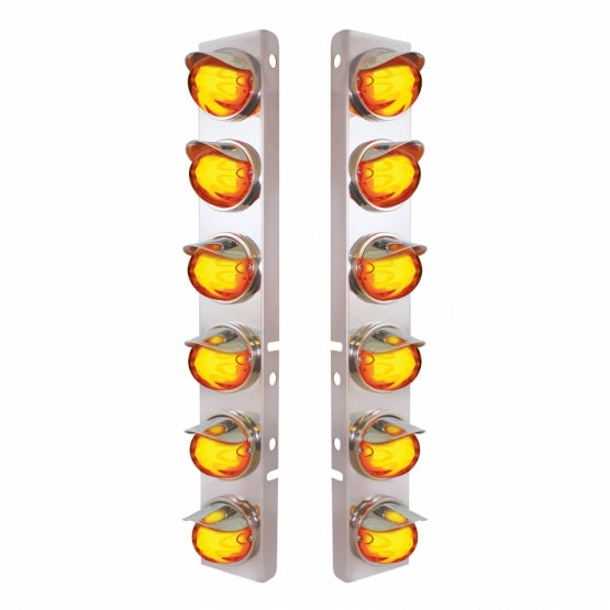 Stainless Steel Front Air Cleaner Brkt With 12 x 9 Amber Hi/Lo LED Watermelon GloLight &amp; Visors For Peterbilt - Amber Lens