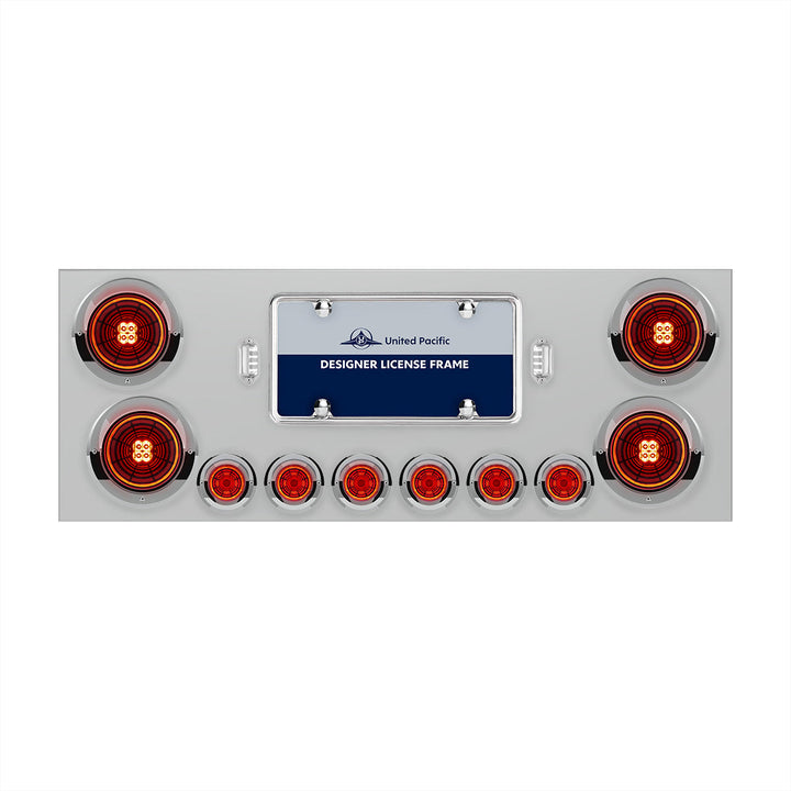 Stainless Steel Rear Center Panel With Four 13 LED 4" Abyss Light &amp; Six 4 LED 2" Lights &amp; Visors - Red LED/Red Lens
