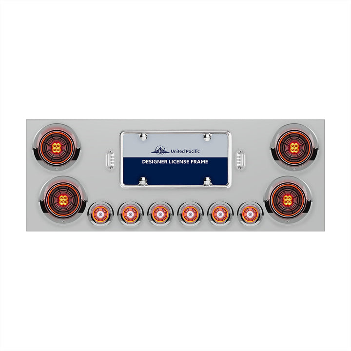 Stainless Steel Rear Center Panel With Four 13 LED 4" Abyss Light &amp; Six 4 LED 2" Lights &amp; Visors - Red LED/Clear Lens