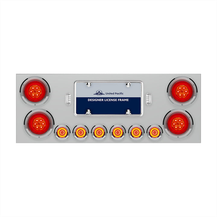 Stainless Steel Rear Center Panel With Four 16 LED 4" Turbine Light &amp; Six 7 LED 2" Lights &amp; Bezels - Red LED/Red Lens