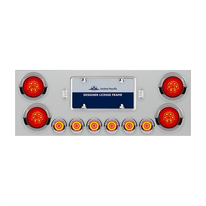 Stainless Steel Rear Center Panel With Four 16 LED 4" Turbine Light &amp; Six 7 LED 2" Lights &amp; Visor - Red LED/Red Lens