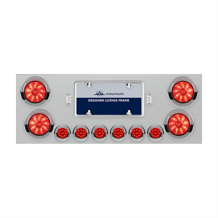 Stainless Steel Rear Center Panel With 4 x 10 LED 4" Lights &amp; 6 x 9 LED 2" Lights &amp; Visors - Red LED &amp; Lens