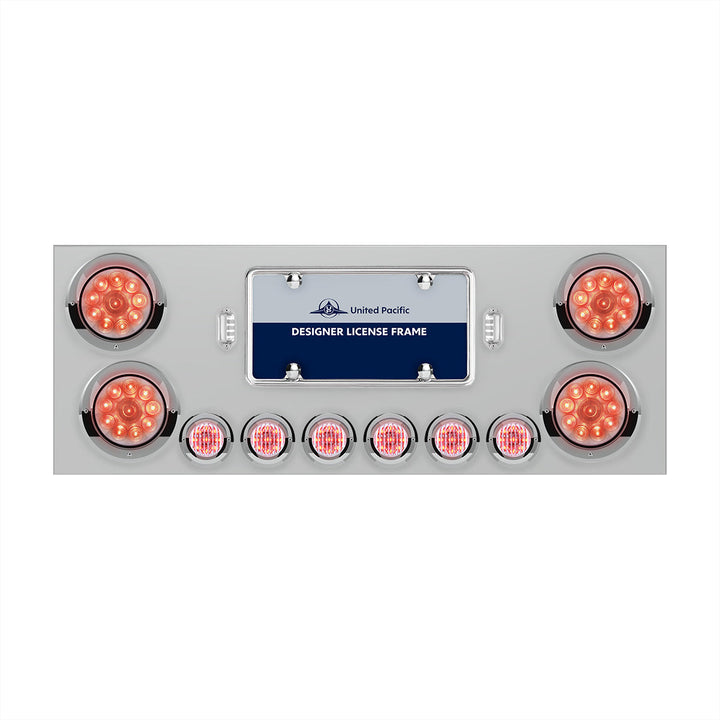 Stainless Steel Rear Center Panel With 4 x 10 LED 4" Lights &amp; 6 x 9 LED 2" Lights &amp; Visors - Red LED/Clear Lens