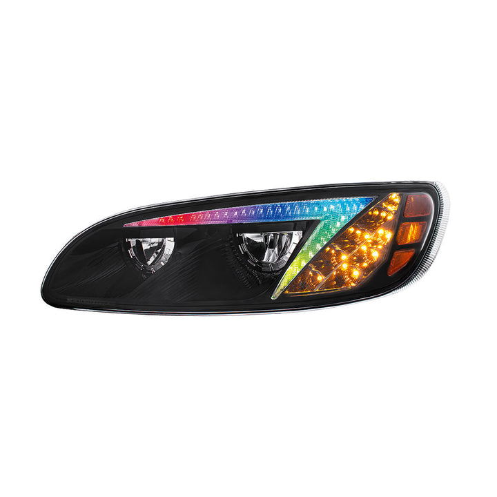 Black LED Headlight With Color Changing Position Light Bar For Peterbilt 386 (2005-2015) &amp; 387 (1999-2010) - Driver