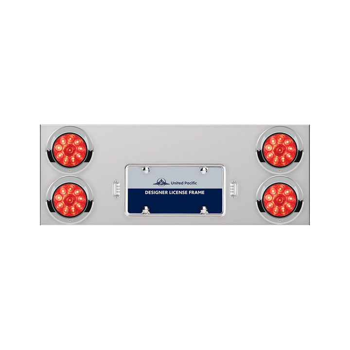 33-3/4" Stainless Rear Center Panel With Four 10 LED 4" Lights &amp; Visors - Red LED/Red Lens