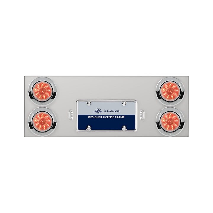 33-3/4" Stainless Rear Center Panel With Four 10 LED 4" Lights &amp; Visors - Red LED/Clear Lens